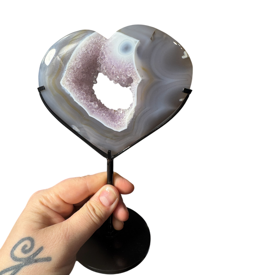 Milky Druzy Agate Heart (in stand)