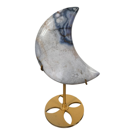 Blue Flower Agate Moon in Stand