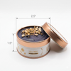 Scented candle in a tin with dimensions labeled on a white background