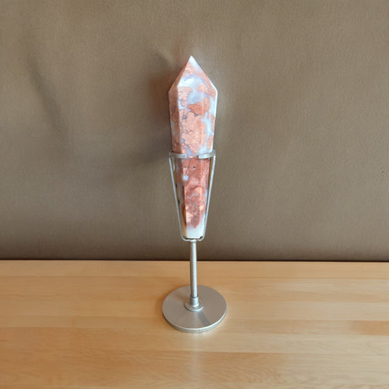 Pink Flower Agate Wand in Stand